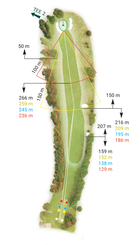 Jamka 1 – Royal Golf Club Mariánské Lázně: Mapa a strategie. Mapa jamky 1 Royal Golf Club Mariánské Lázně – dogleg doleva, vodní příkop a bunkery.