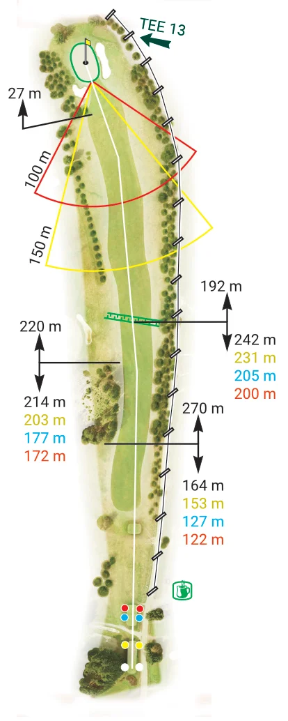 Jamka 12 – Royal Golf Club Mariánské Lázně: Mapa a taktika hry. Mapa jamky 12 Royal Golf Club Mariánské Lázně – krátký par 5 s úzkou fairwayí a náročným greenem.