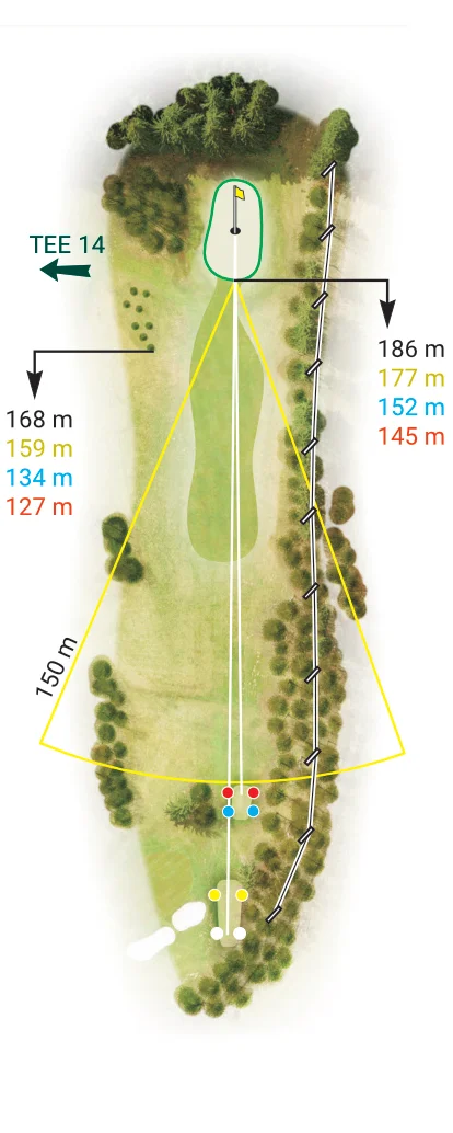 Jamka 13 – Royal Golf Club Mariánské Lázně: Rozložení a tipy. Mapa jamky 13 Royal Golf Club Mariánské Lázně – nejdelší par 3 s jednoduchým přístupem na green.