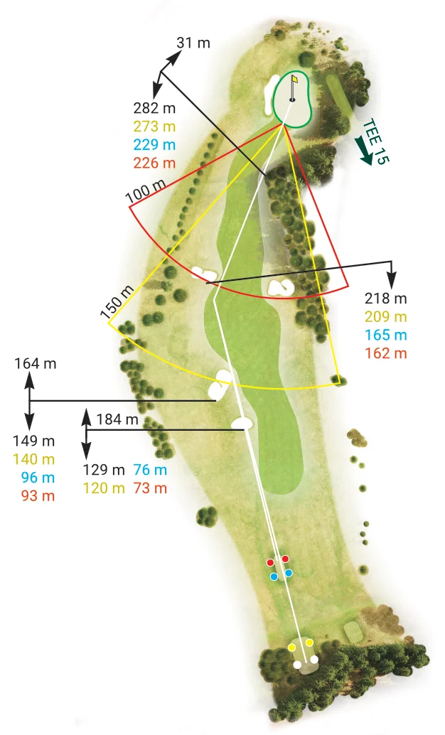 Jamka 14 – Royal Golf Club Mariánské Lázně: Přehled a strategie. Mapa jamky 14 Royal Golf Club Mariánské Lázně – dogleg doprava s fairwayovými bunkery a přístupem na green.