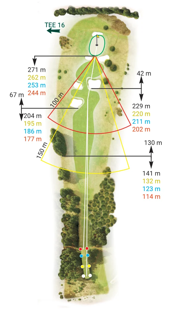 Jamka 15 – Royal Golf Club Mariánské Lázně: Mapa a herní plán. Mapa jamky 15 Royal Golf Club Mariánské Lázně – lesní průsmyk s bunkery a přístupným greenem.