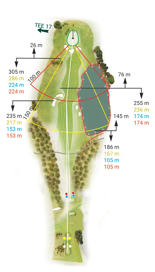 Jamka 16 – Royal Golf Club Mariánské Lázně: Výzva a taktika. Mapa jamky 16 Royal Golf Club Mariánské Lázně – jedna z nejtěžších jamek s dvojitou vodní překážkou.