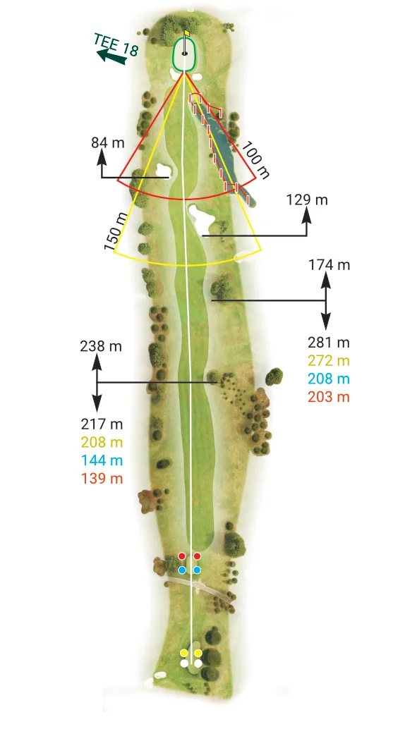 Jamka 17 – Royal Golf Club Mariánské Lázně: Rozložení a klíčové body. Mapa jamky 17 Royal Golf Club Mariánské Lázně – nejdelší jamka s lehkým doglegem a chráněným greenem.
