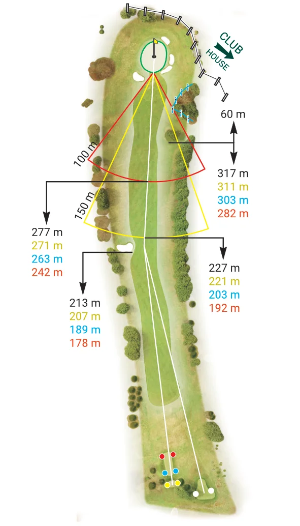 Jamka 18 – Royal Golf Club Mariánské Lázně: Přehled a zakončení hry. Mapa jamky 18 Royal Golf Club Mariánské Lázně – dogleg doprava s širokou fairwayí a jednoduchým greenem.
