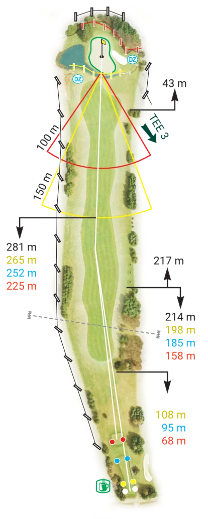 Jamka 2 – Royal Golf Club Mariánské Lázně: Přehled a taktika hry. Mapa jamky 2 Royal Golf Club Mariánské Lázně – lehce s kopce, ostrovní green a vodní překážka.