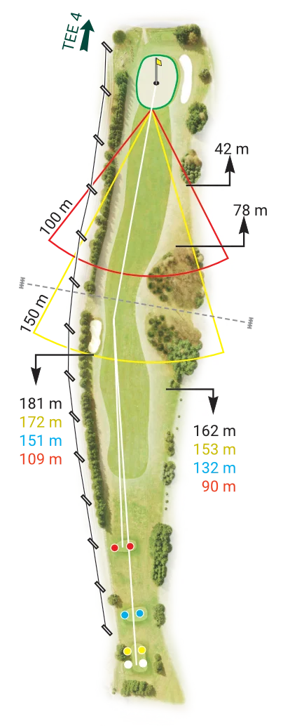Jamka 3 – Royal Golf Club Mariánské Lázně: Mapa a strategie pro hráče. Mapa jamky 3 Royal Golf Club Mariánské Lázně – technická jamka s úzkou fairwayí a chráněným greenem.