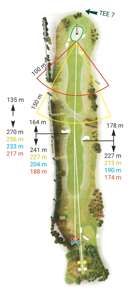 Jamka 6 – Royal Golf Club Mariánské Lázně: Mapa a přístup ke greenu. Mapa jamky 6 Royal Golf Club Mariánské Lázně – dlouhá jamka s fairwayí lehce s kopce a jednoduchým greenem.
