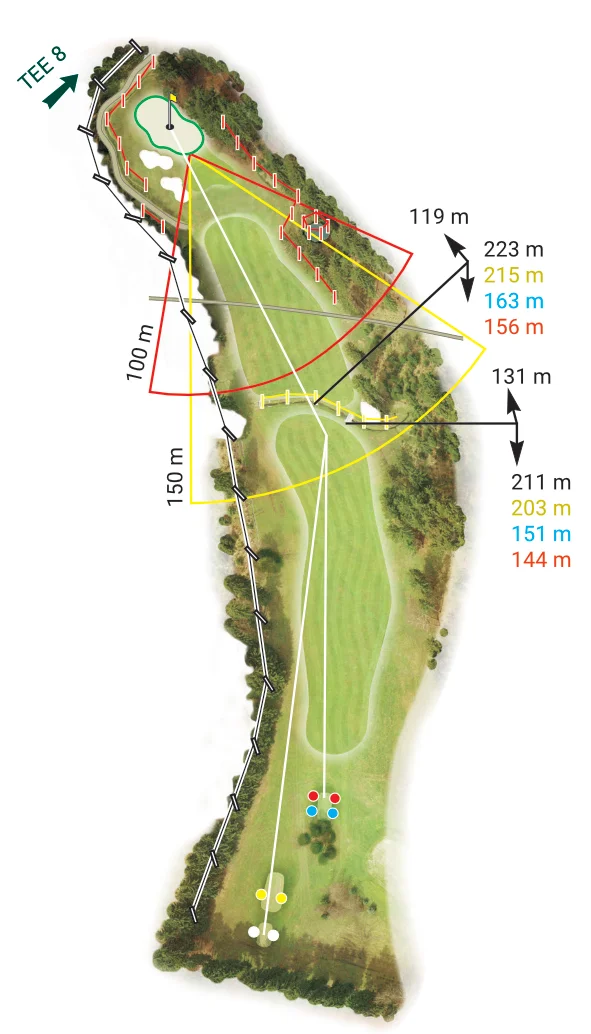 Jamka 7 – Royal Golf Club Mariánské Lázně: Strategie a výzvy. Mapa jamky 7 Royal Golf Club Mariánské Lázně – jedna z nejhezčích jamek s vodní překážkou a těžkým greenem.