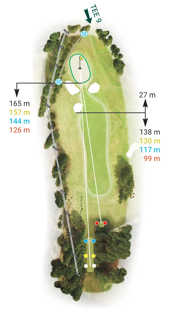 Jamka 8 – Royal Golf Club Mariánské Lázně: Mapa a doporučení. Mapa jamky 8 Royal Golf Club Mariánské Lázně – dlouhý par 3 s bunkery a jednoduchým greenem.